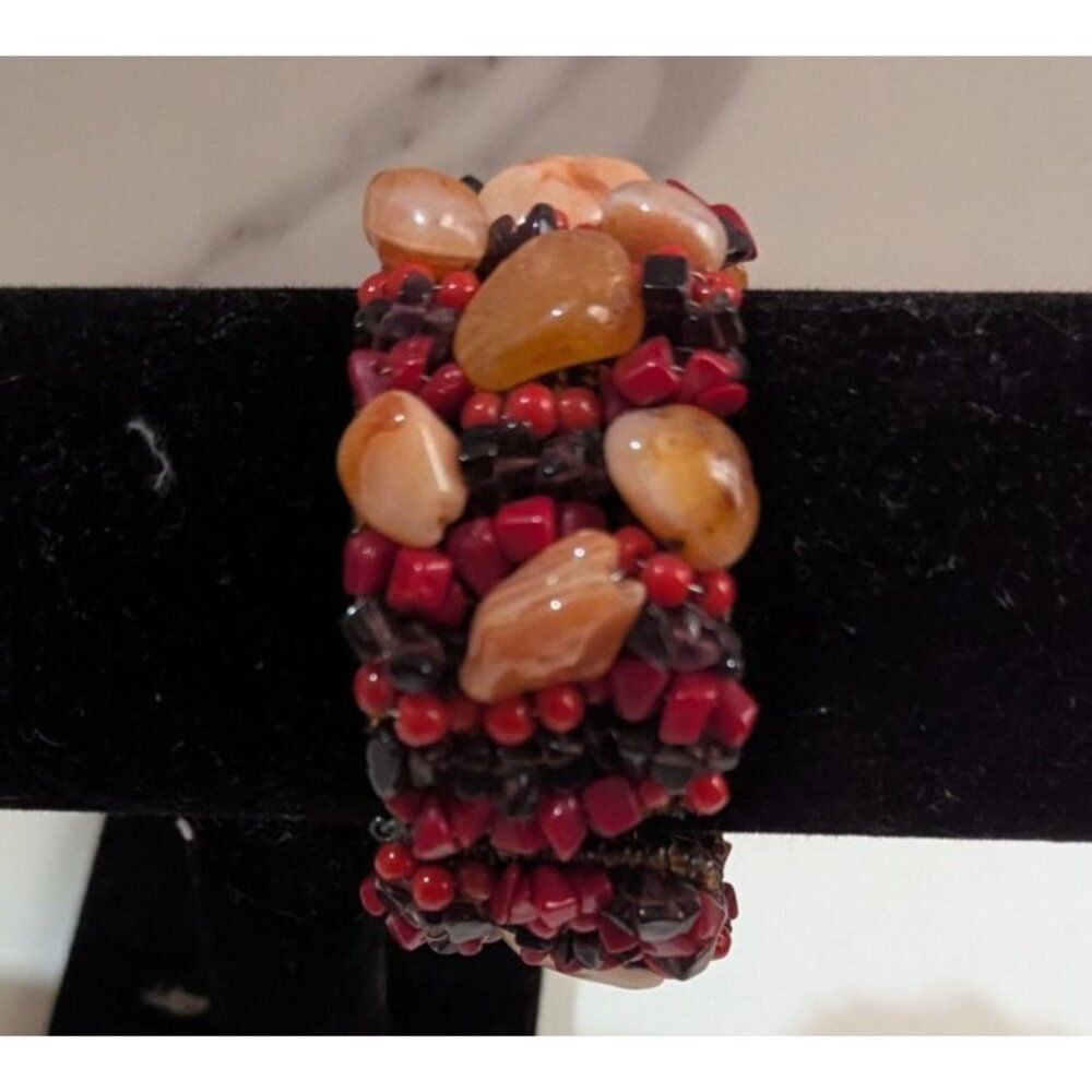 Boho Multi Stone Beaded Wide Cuff Bracelet Red Orange‎ Earth Tones Statement